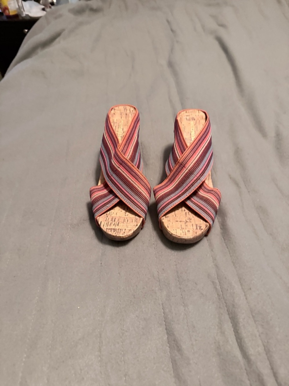 Montego Bay Club Striped Cross‑Band Cork Wedge Sandals in Pink, Coral & Blue